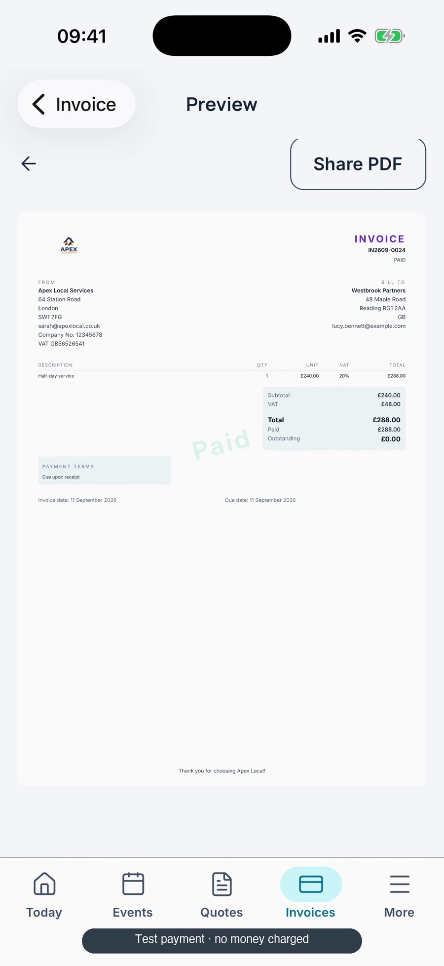 A paid invoice in the WrkGenie mobile app