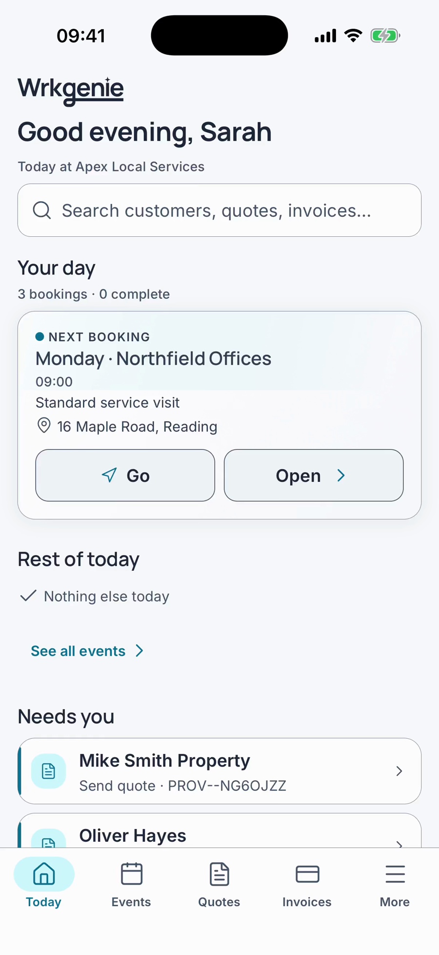 WrkGenie Today screen showing work and business priorities