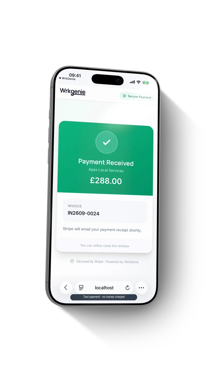 Apex Local Services sending an invoice and demonstrating a test payment in WrkGenie