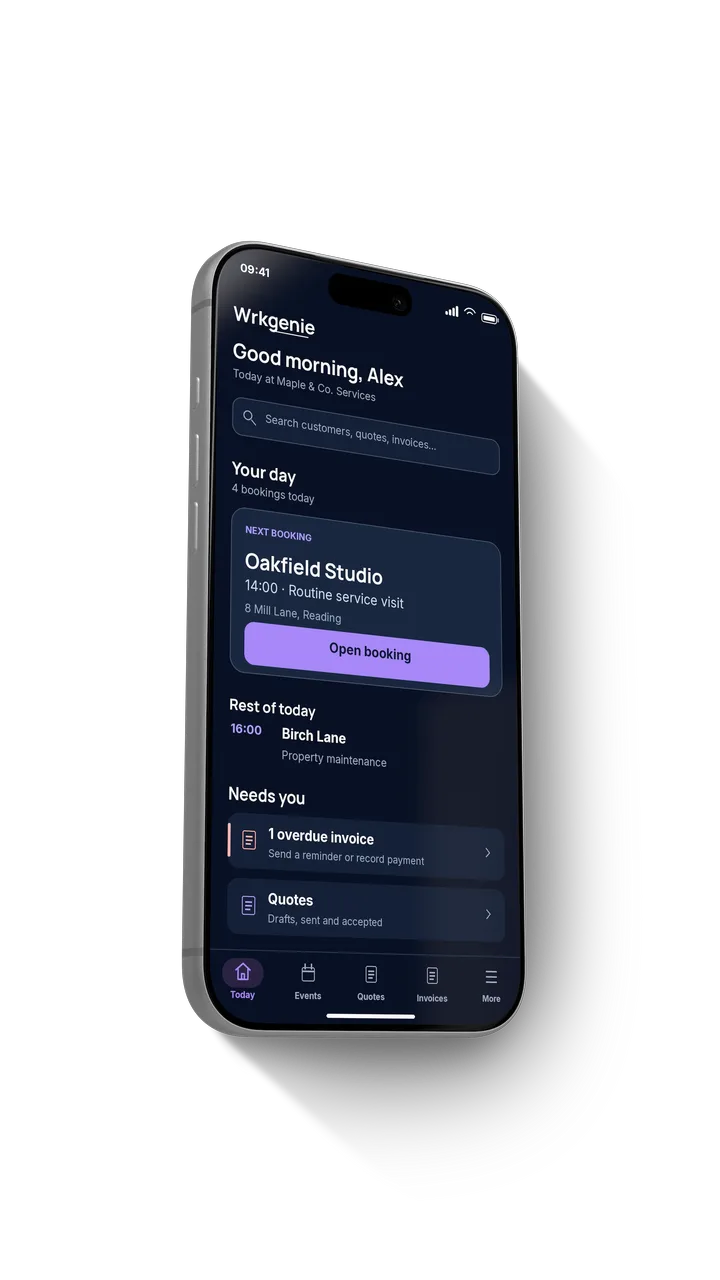 WrkGenie mobile app running on a phone