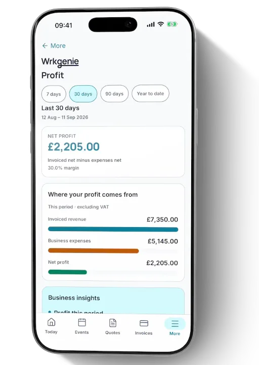 Apex Local Services reviewing profit, recording expenses and organising staff bookings in WrkGenie Pro